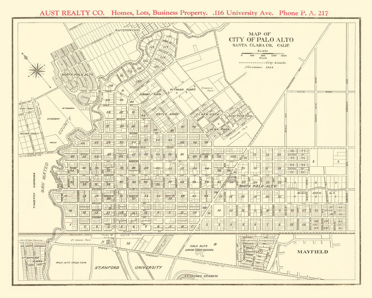 Preview of Vintage Map of Palo Alto, California 1924