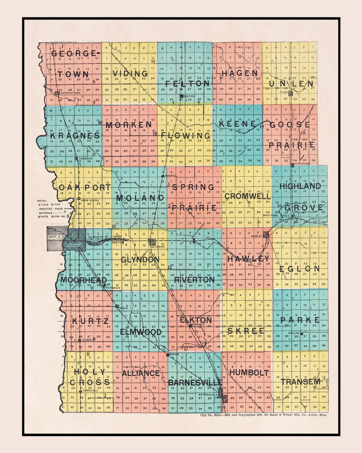 Preview of Vintage Map of Clay County, Minnesota 1907