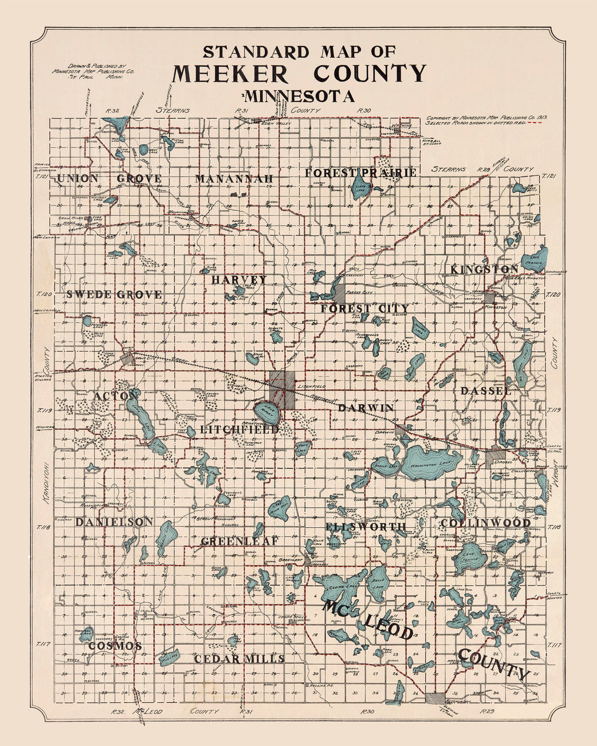 Preview of Vintage Map of Meeker County, Minnesota 1913