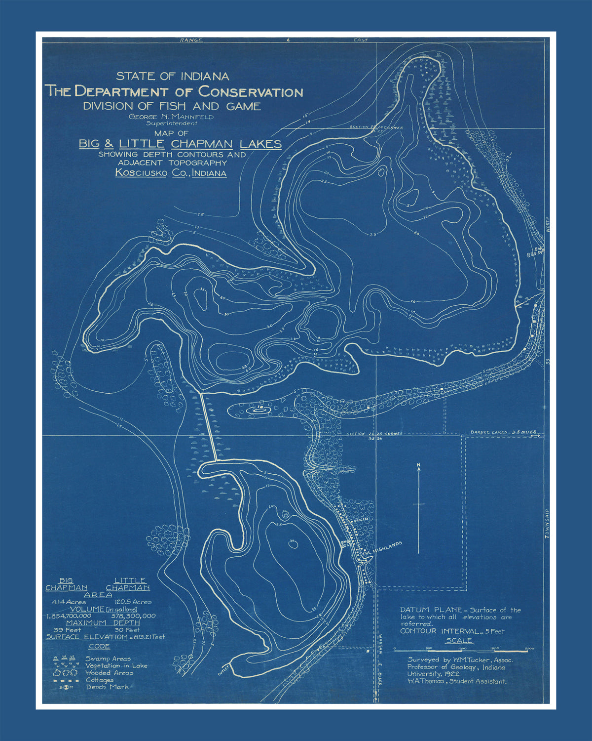 Preview of Vintage Big & Little Chapman Lakes, IN Map 1922