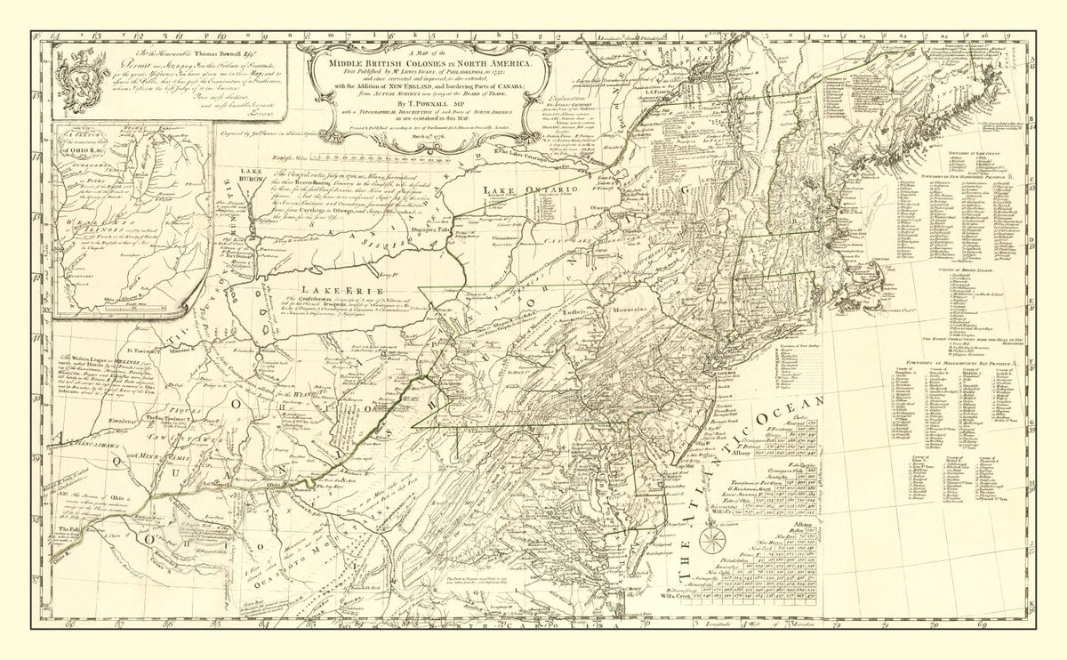 Preview of Vintage Map of the Middle British Colonies in North America 1755