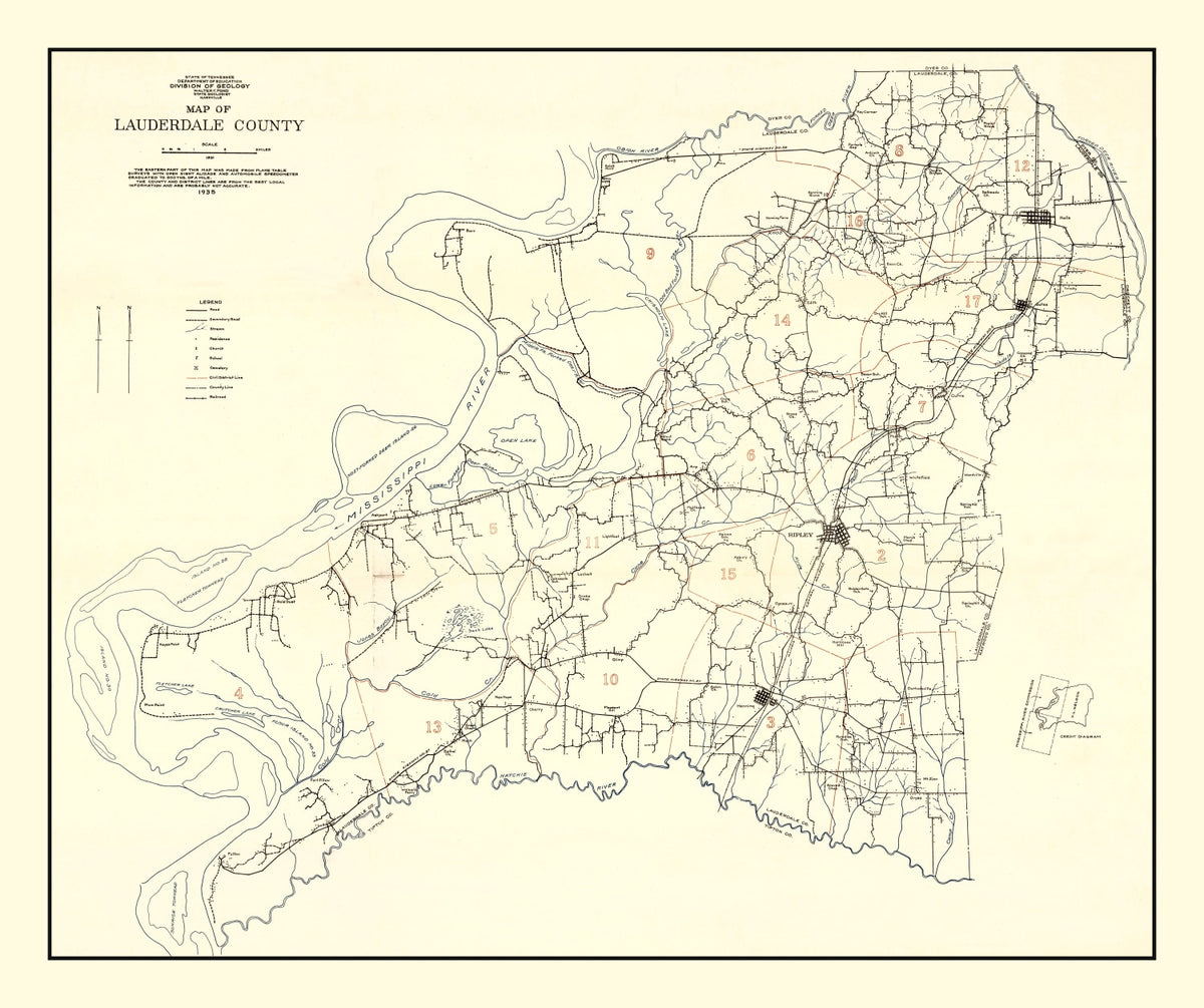 Preview of Vintage Map of Lauderdale County, Tennessee 1935
