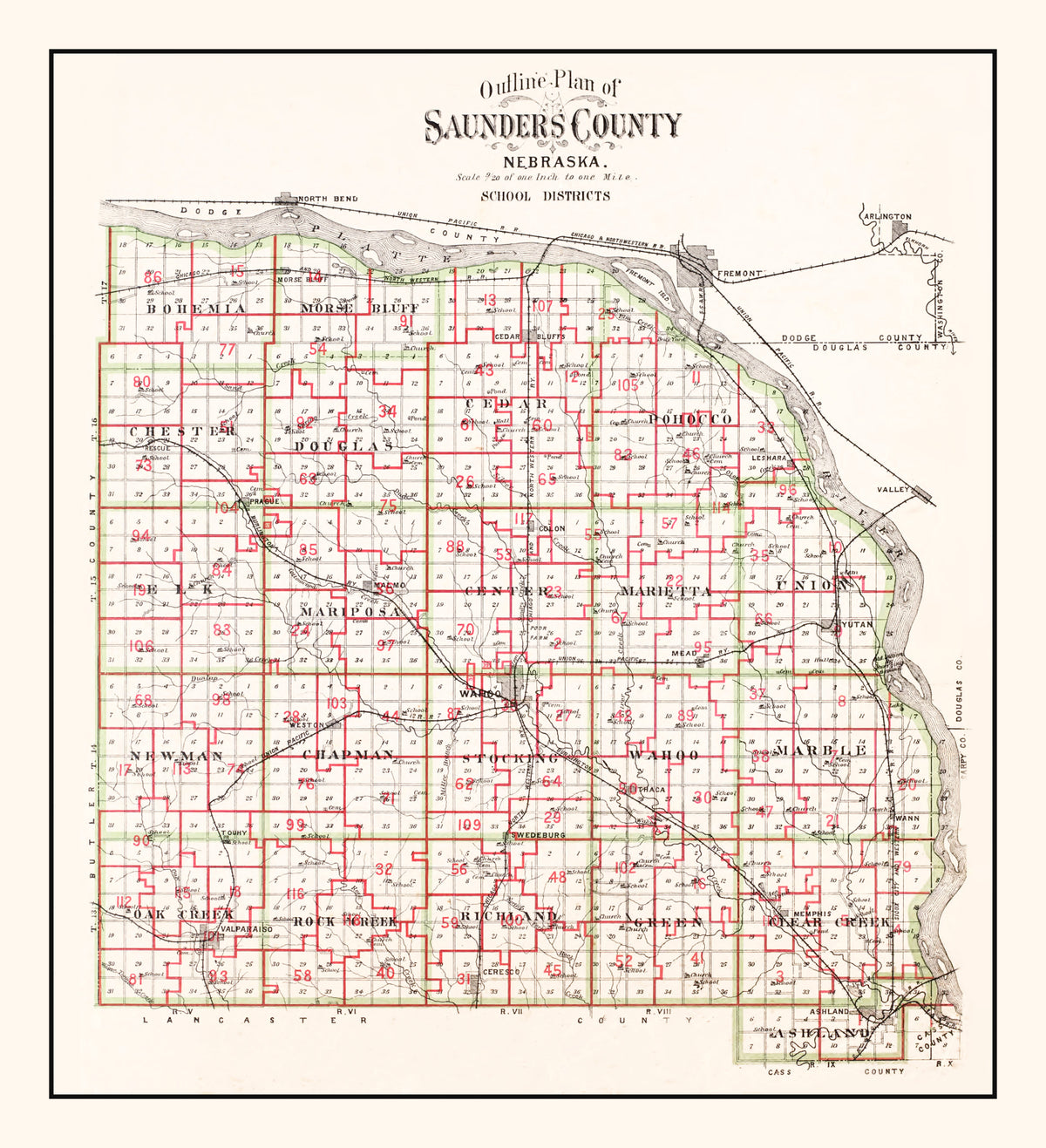 Preview of Vintage Map of Saunders County, Nebraska 1907
