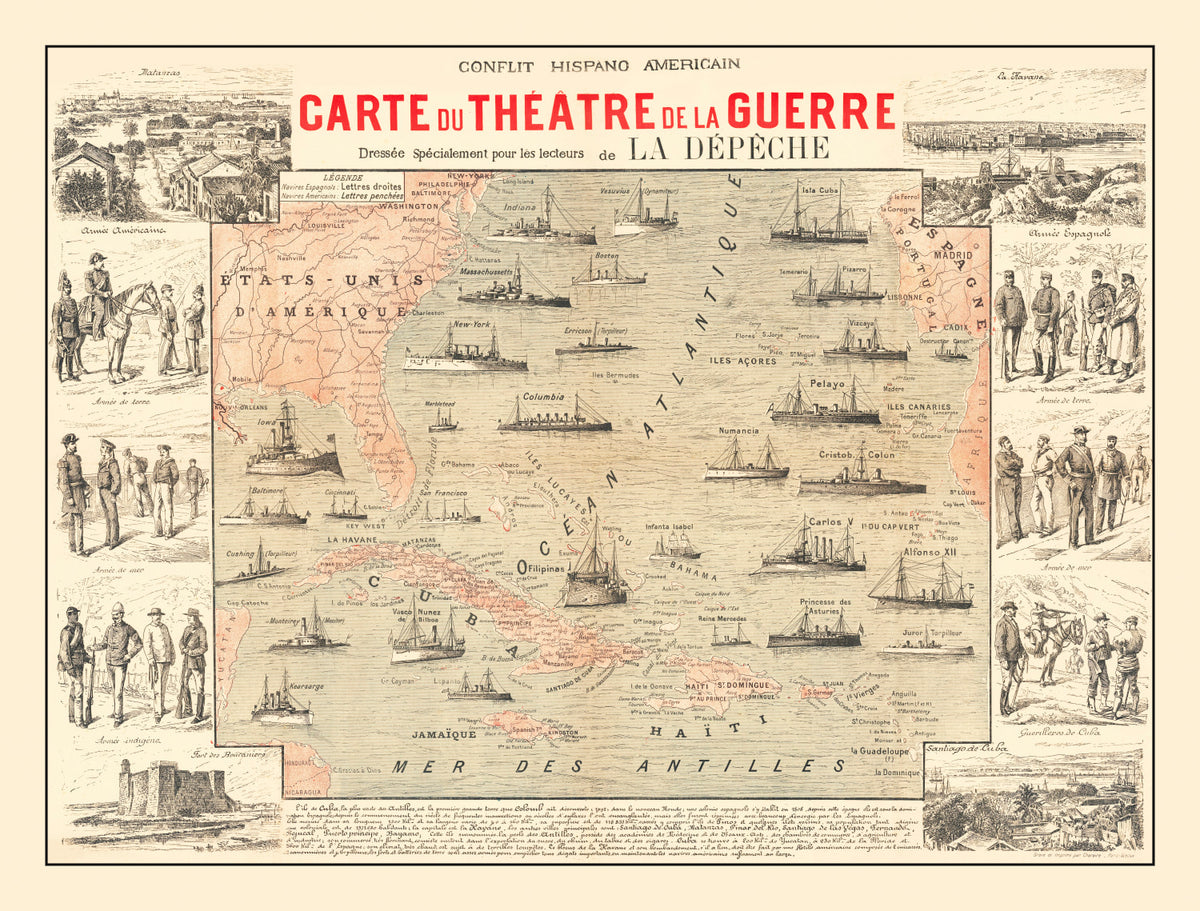 Preview of Vintage Spanish American War Map of the Atlantic 1898