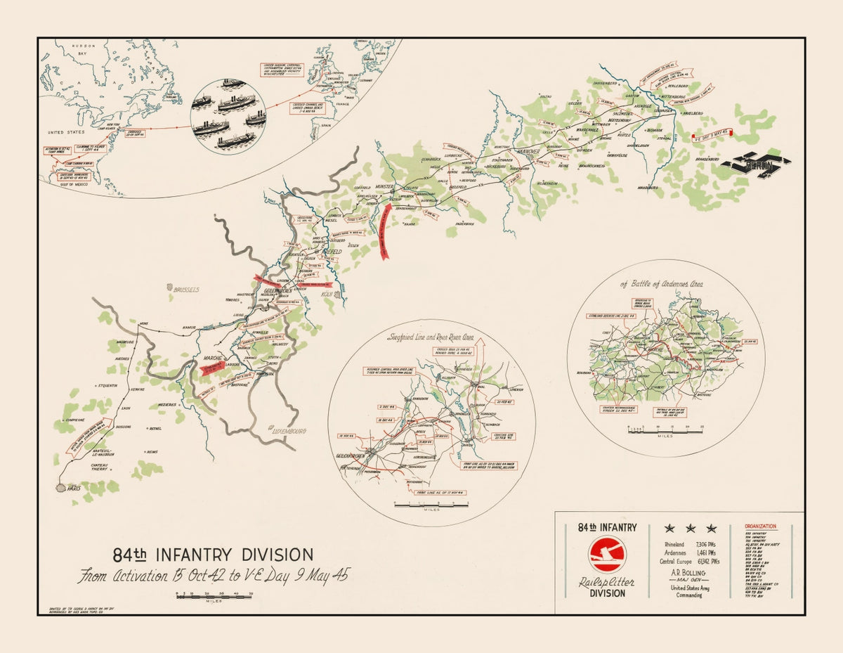 Preview of Vintage 84th Infantry Division Route Map of Europe 1945
