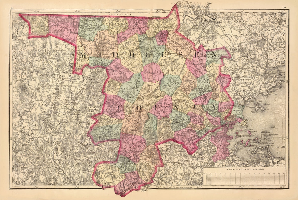 Preview of Vintage Map of Middlesex County, Massachusetts 1871