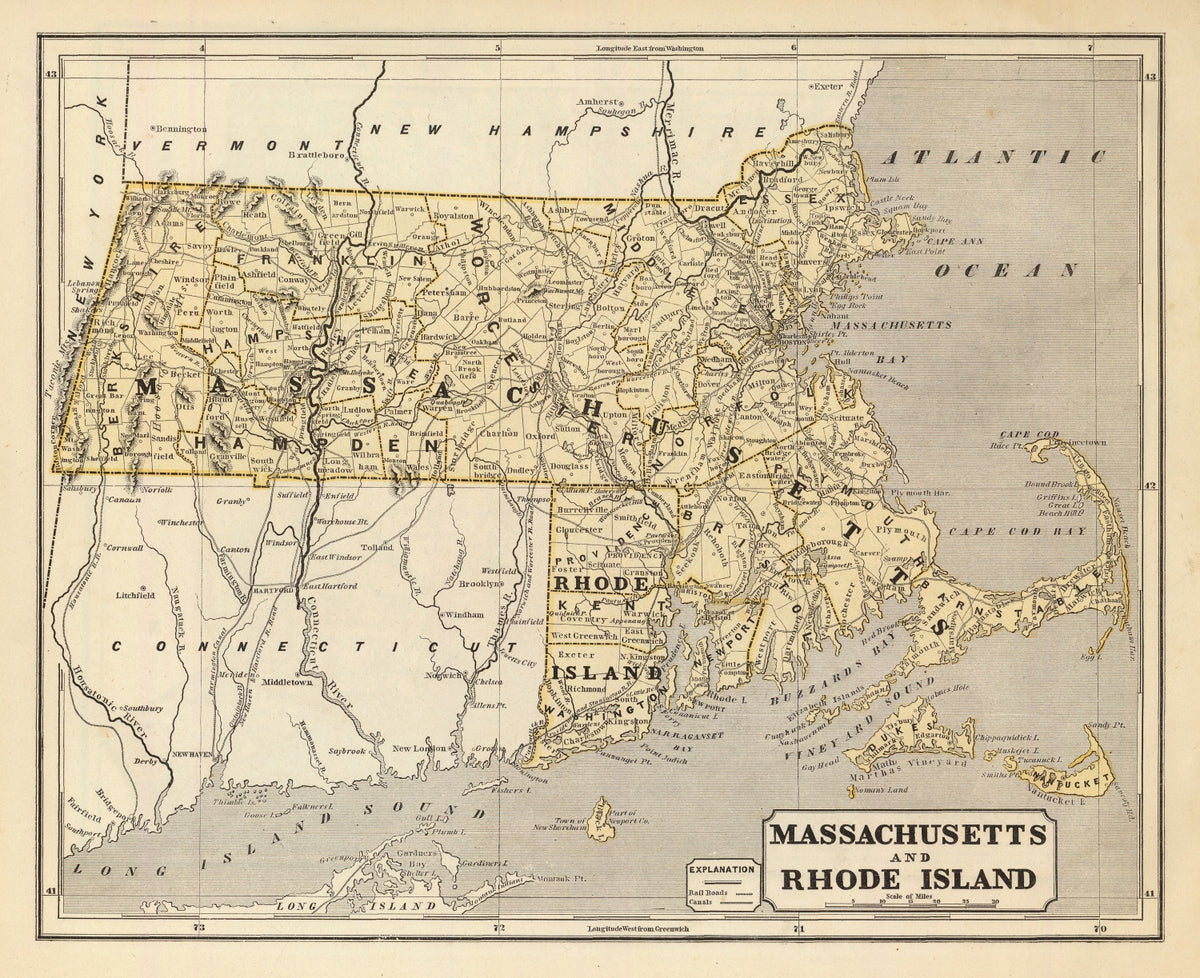Preview of Vintage Map of Massachusetts & Rhode Island 1842