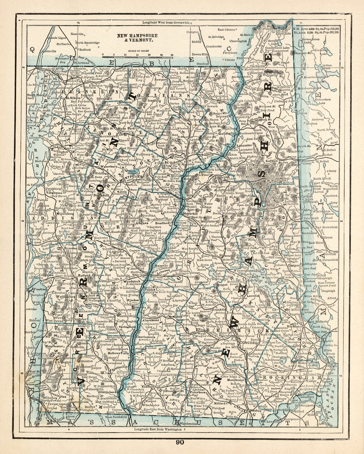 Preview of Vintage Map of New Hampshire & Vermont 1893