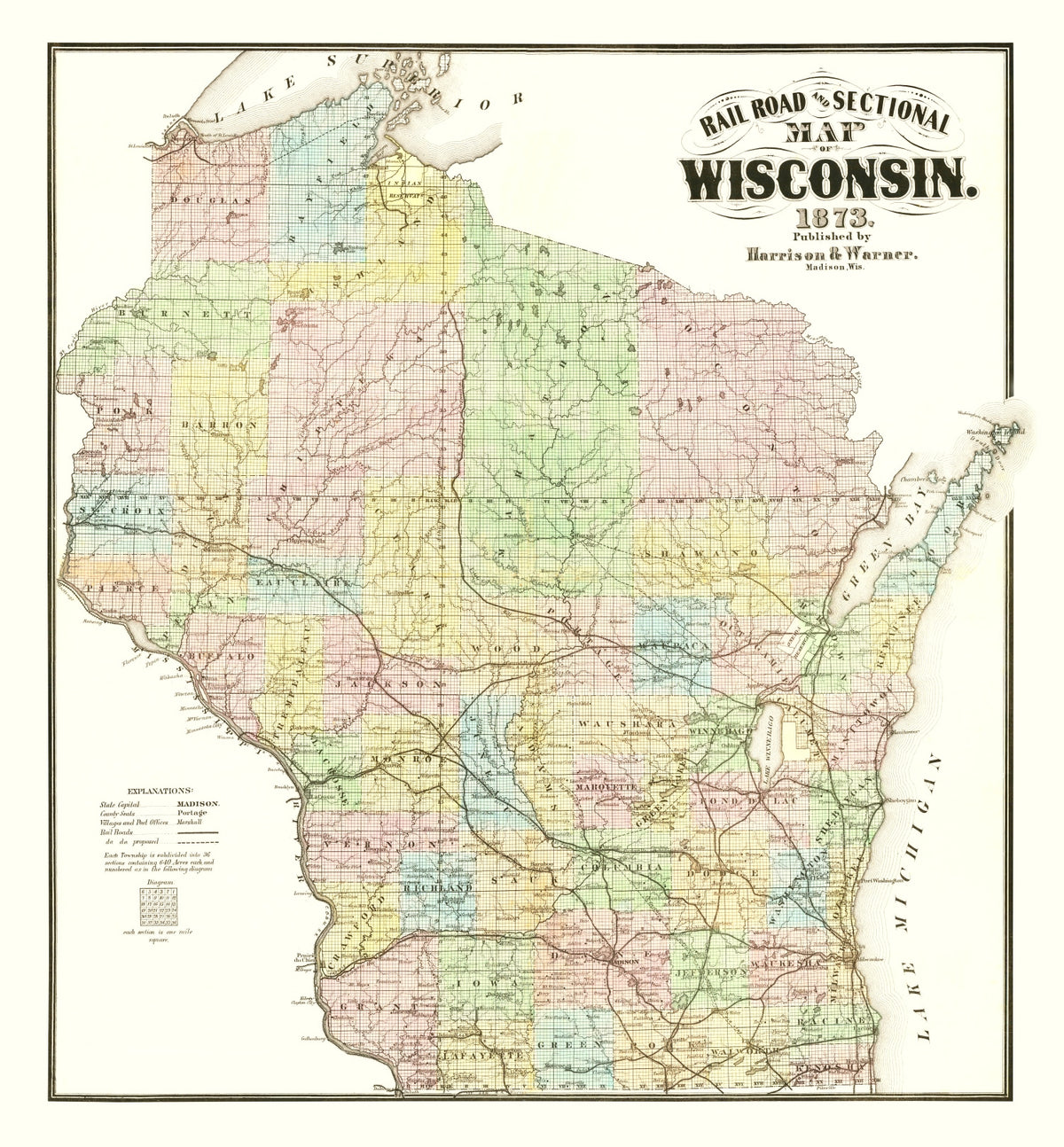 Preview of Vintage Railroad Map of Wisconsin 1873