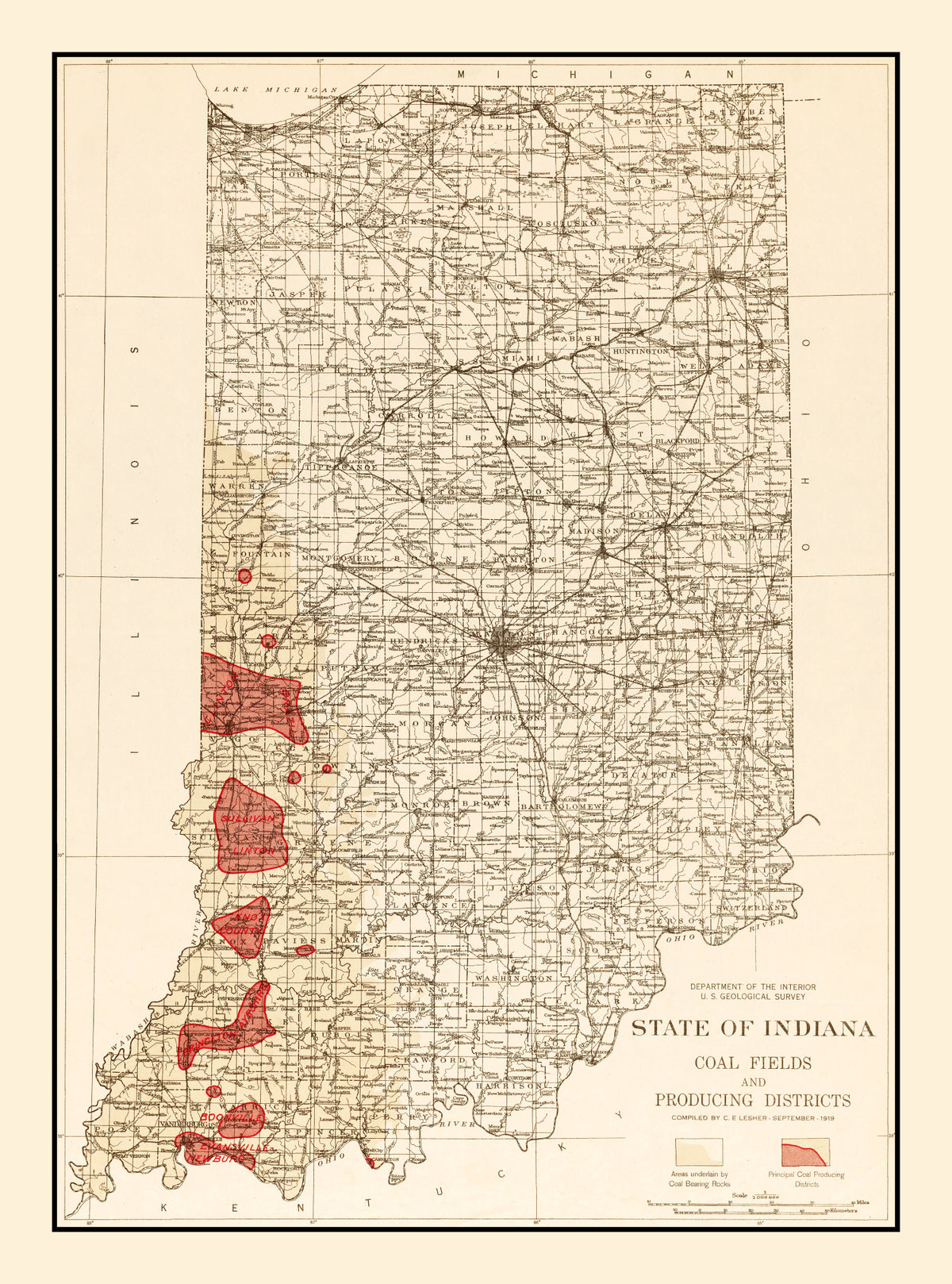 Preview of Vintage Map of Indiana Coal Fields, 1919