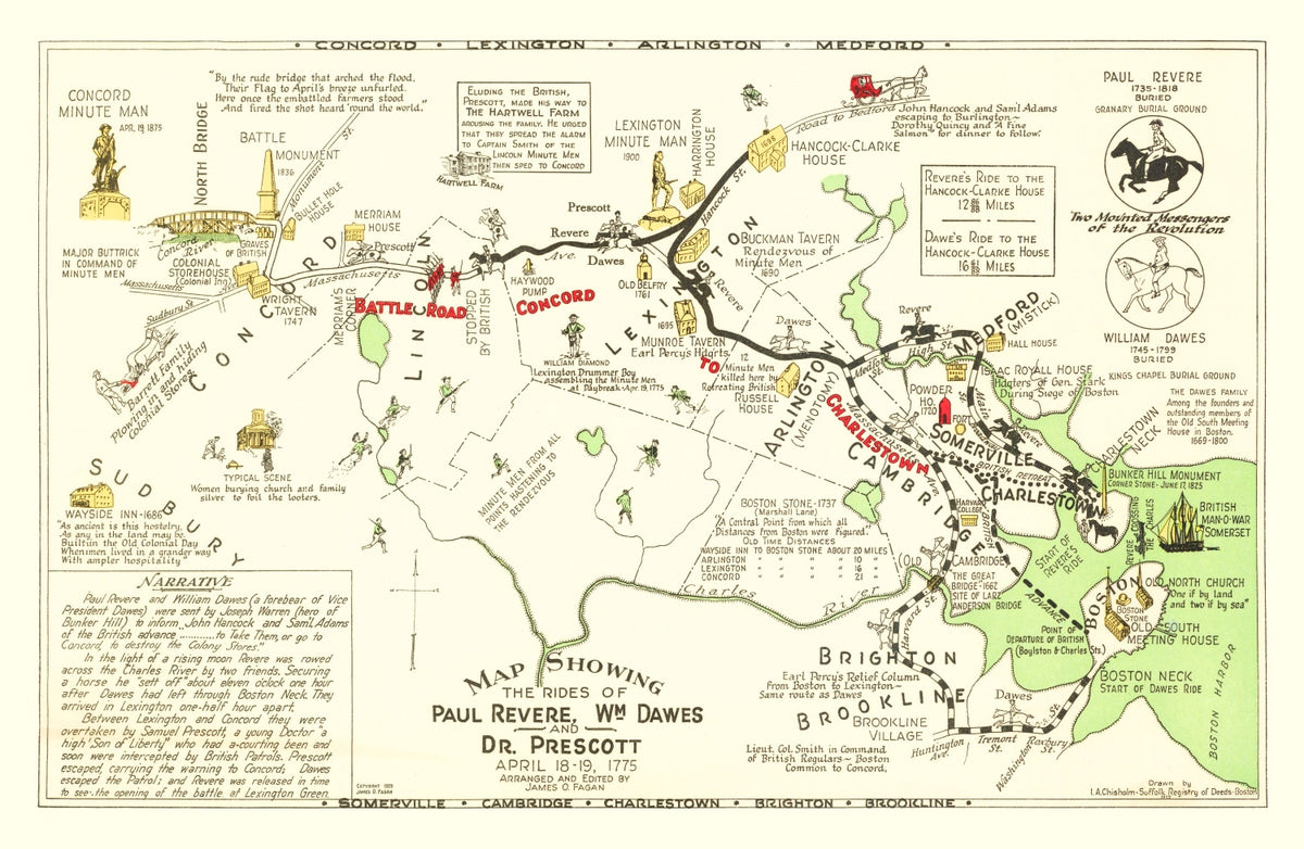Preview of Vintage Map of Rides of Paul Revere, 1929