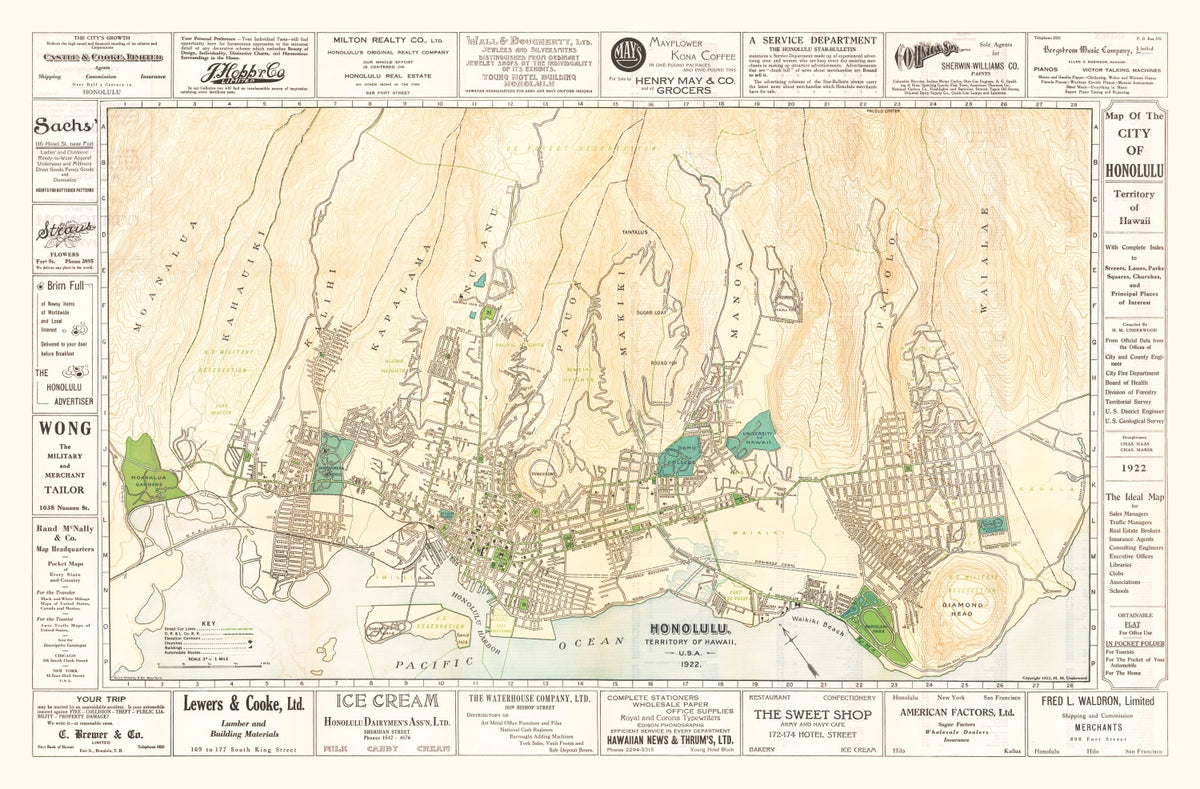 Preview of Vintage Map of Honolulu, Hawaii 1922