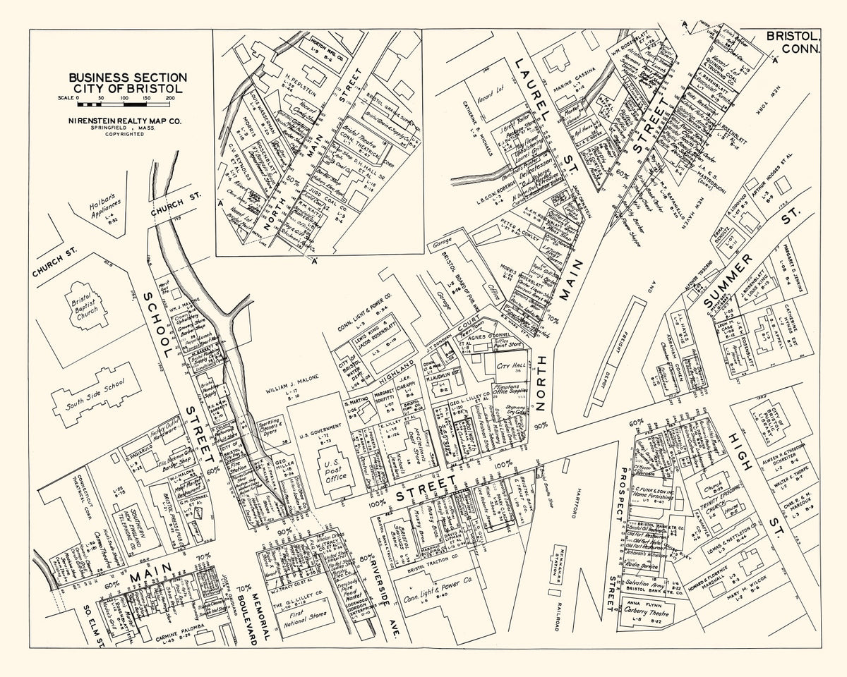 Preview of Vintage Map of Bristol, CT Business Section 1946
