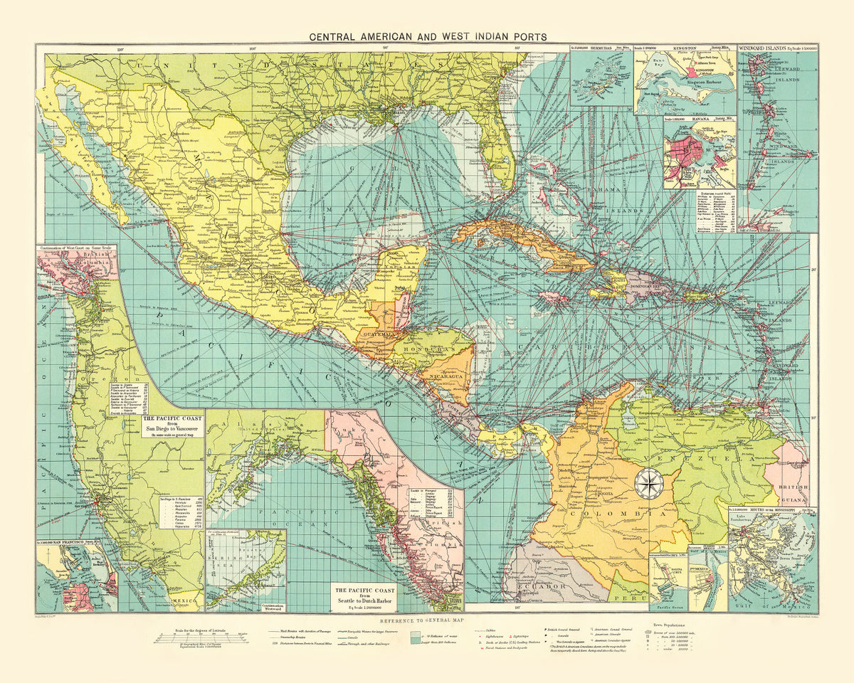 Preview of Vintage Map of Central American & West Indies Ports, 1922