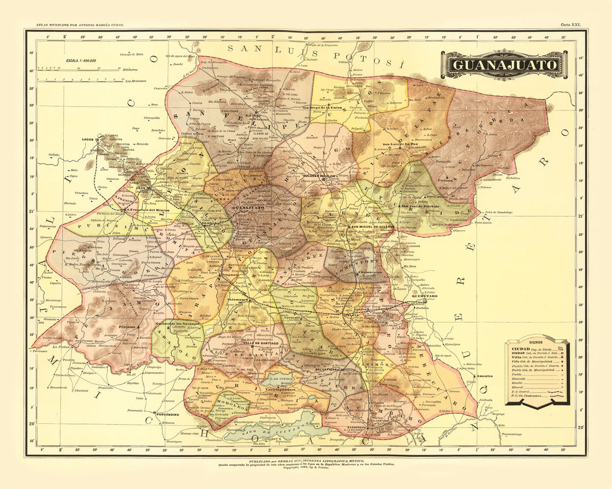 Preview of Vintage Map of Guanajuato Mexico, 1886