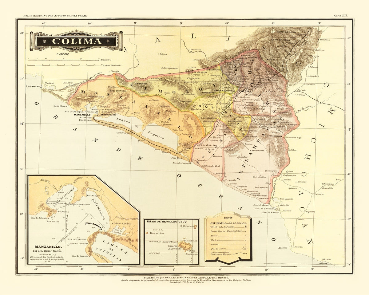 Preview of Vintage Map of Colima Mexico, 1886