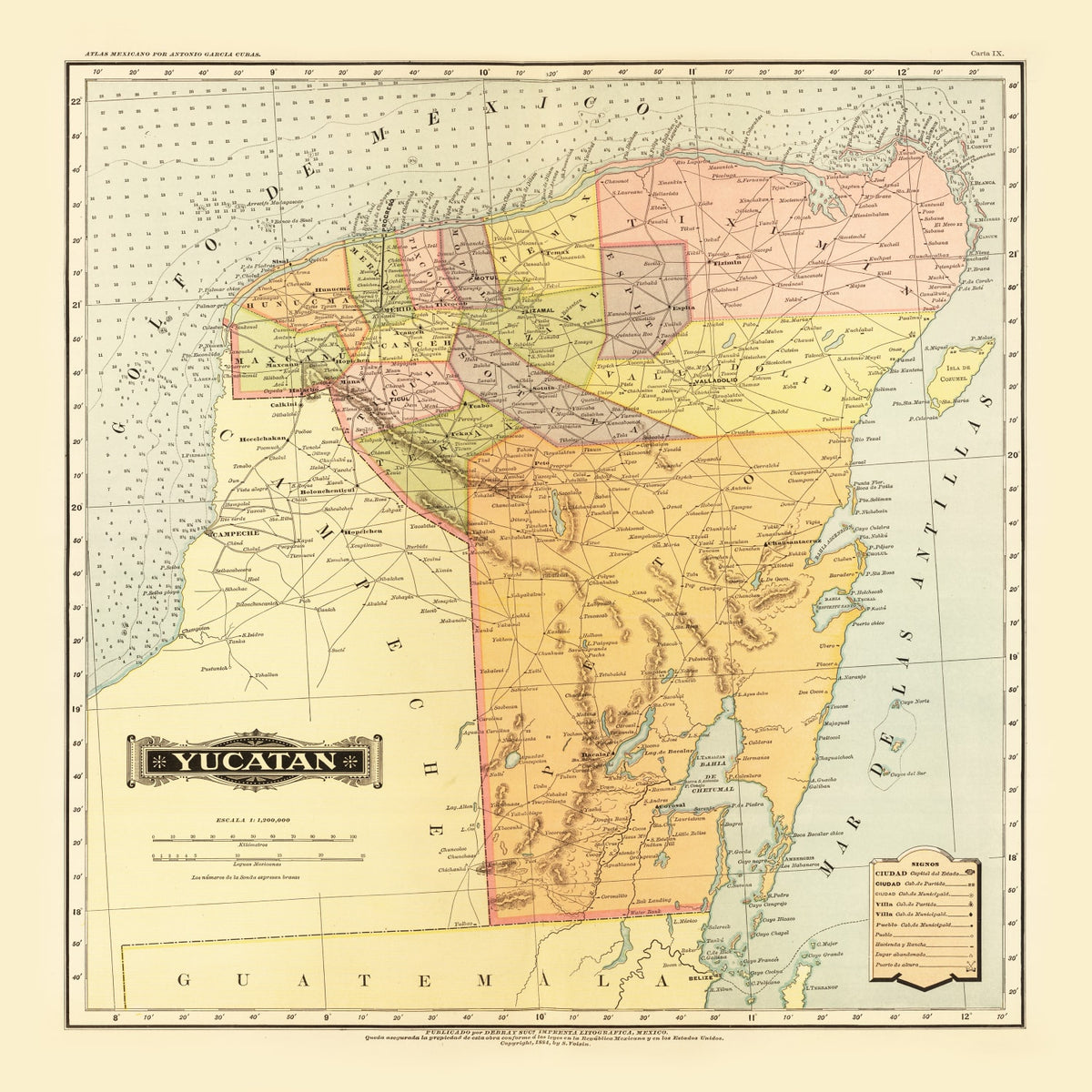 Preview of Vintage Map of Yucatan Mexico, 1886