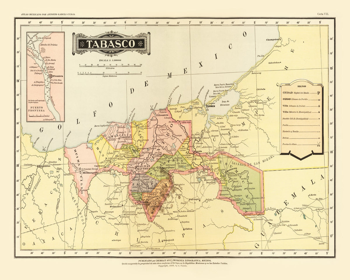 Preview of Vintage Map of Tabasco Mexico, 1886