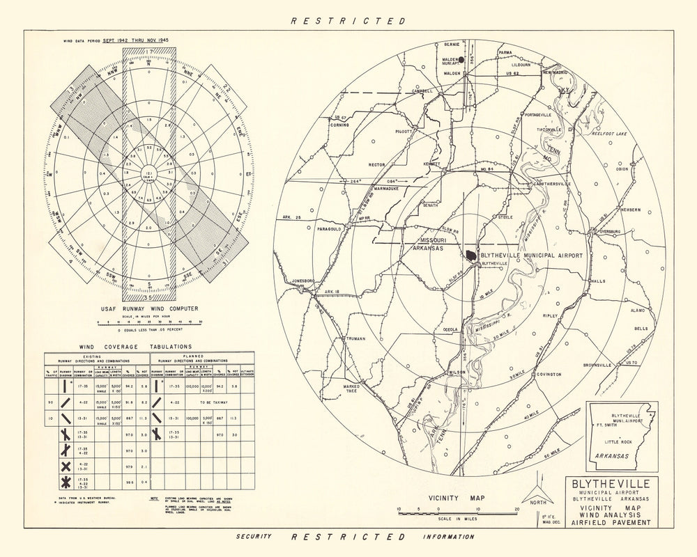 Vintage Map of the Blytheville Municipal Airport Vicinity, 1952 print style example