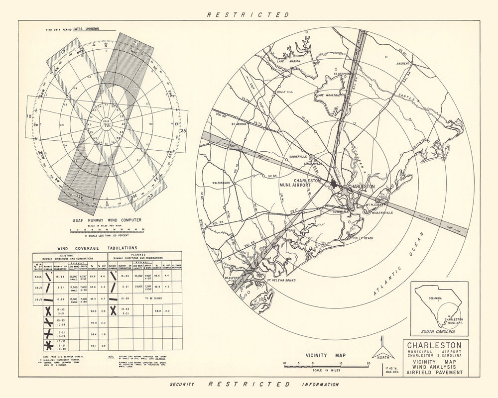 Vintage Map of the Charleston Municipal Airport Vicinity, 1952 print style example