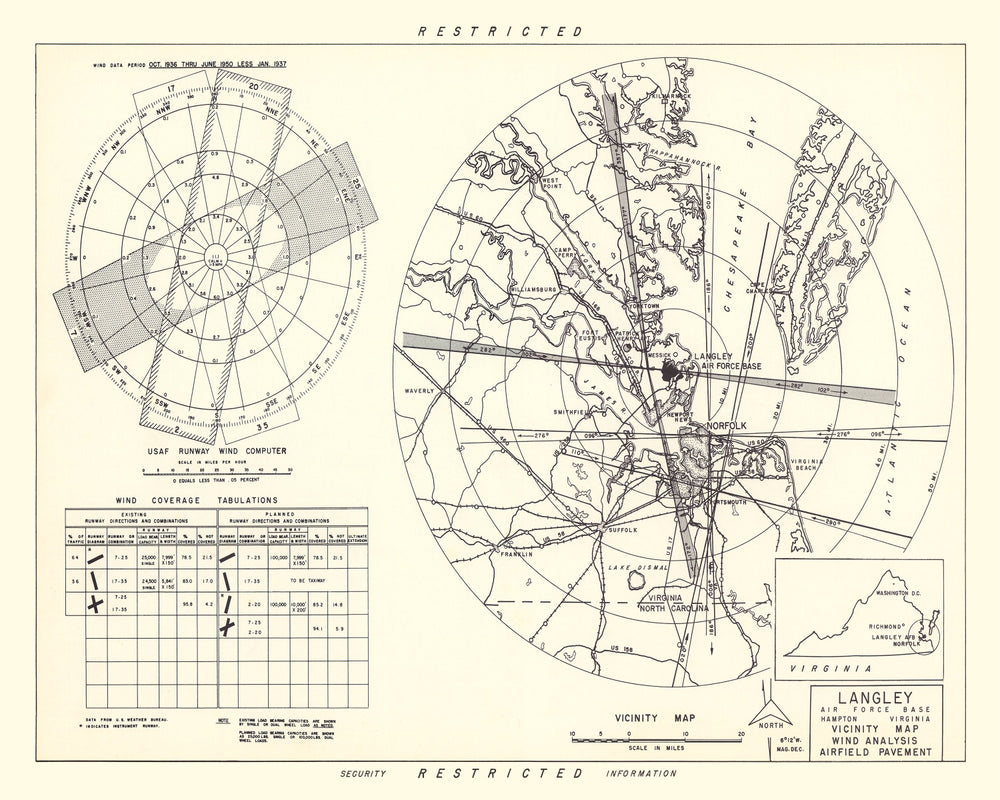 Vintage Map of the Langley Air Force Base Vicinity, 1951 print style example
