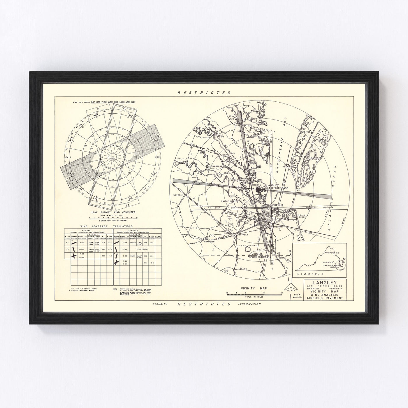 Langley Air Force Base Vicinity Vintage Map 1951