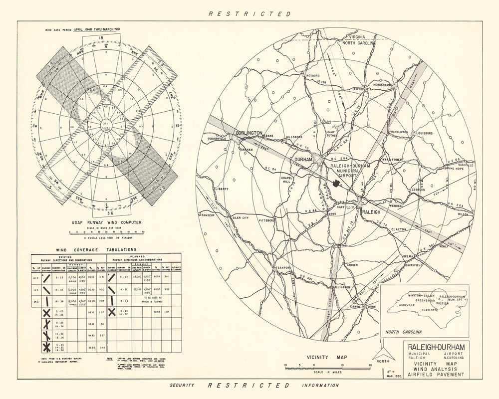 Vintage Map of the Raleigh - Durham Municipal Airport Vicinity, 1952 print style example