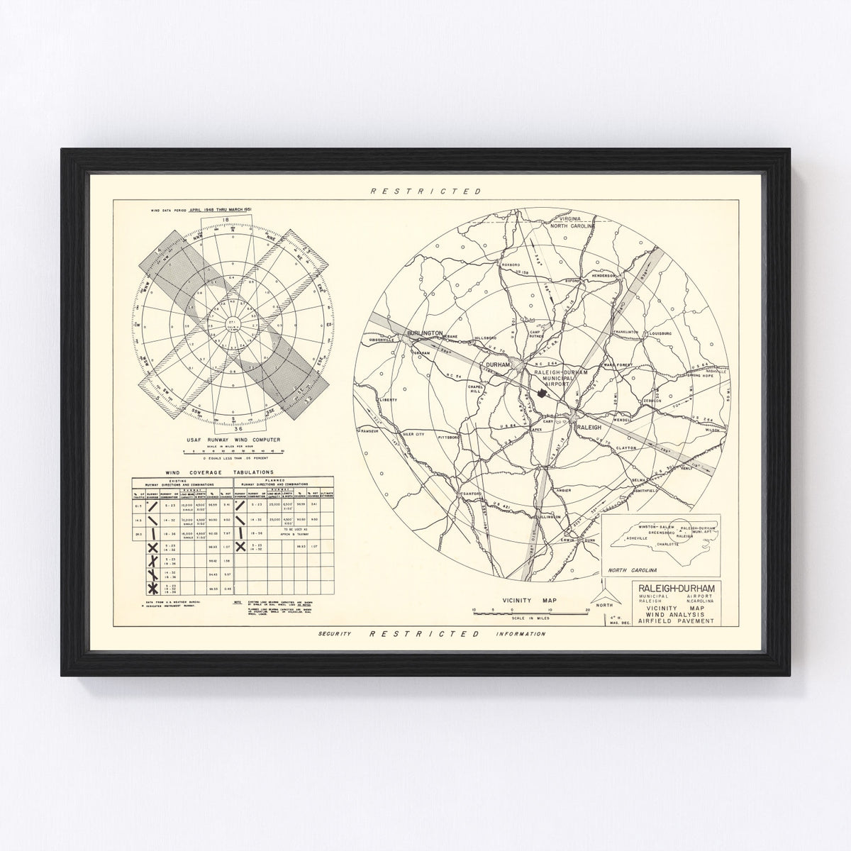 Raleigh - Durham Municipal Airport Vicinity Vintage Map 1952