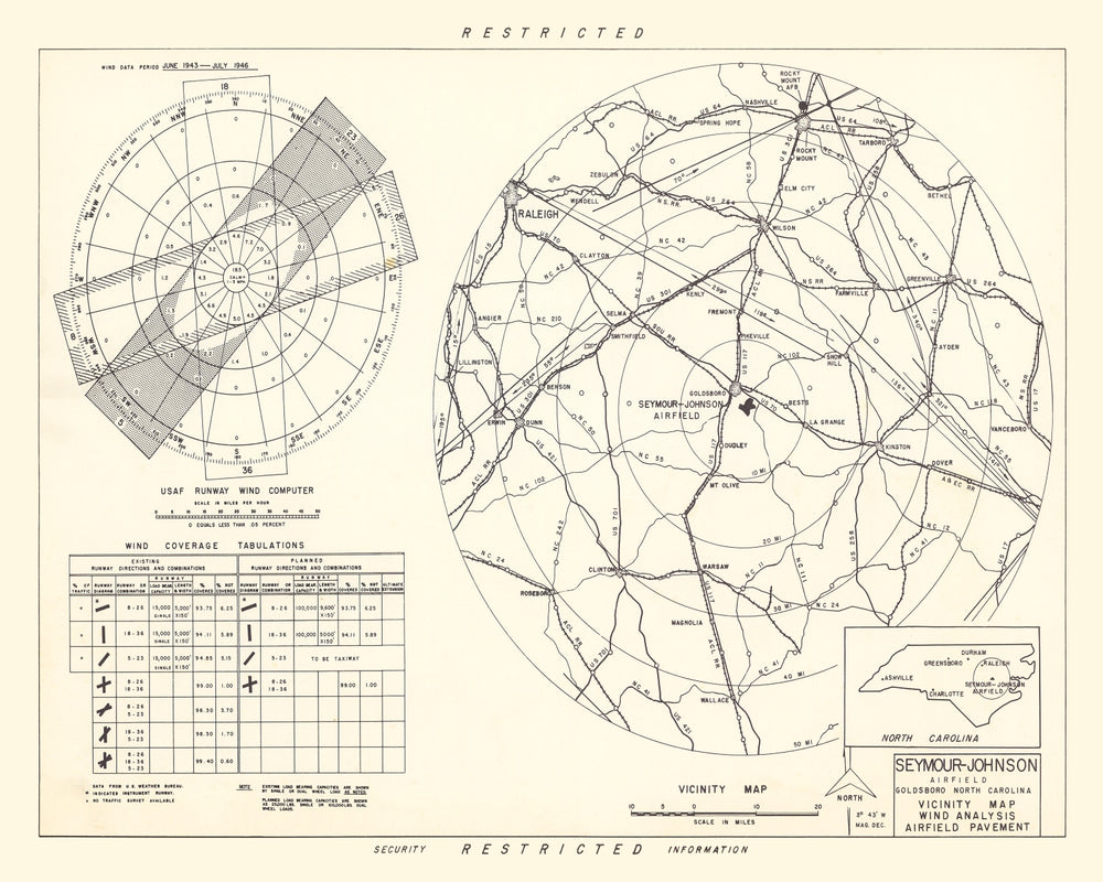 Vintage Map of the Seymour - Johnson Air Base Vicinity, 1953 print style example