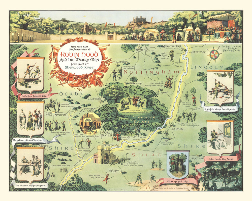 Vintage Map of the Adventures of Robin Hood, 1955 print style example