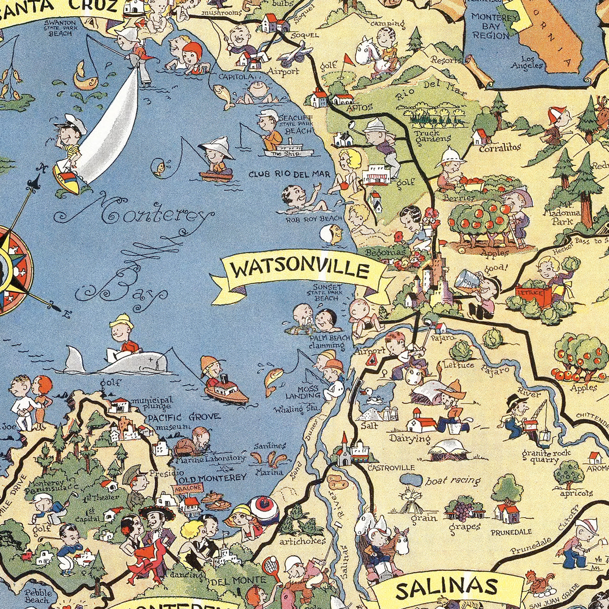 Restored historic details from the 1932 coastline map of Monterey County, California