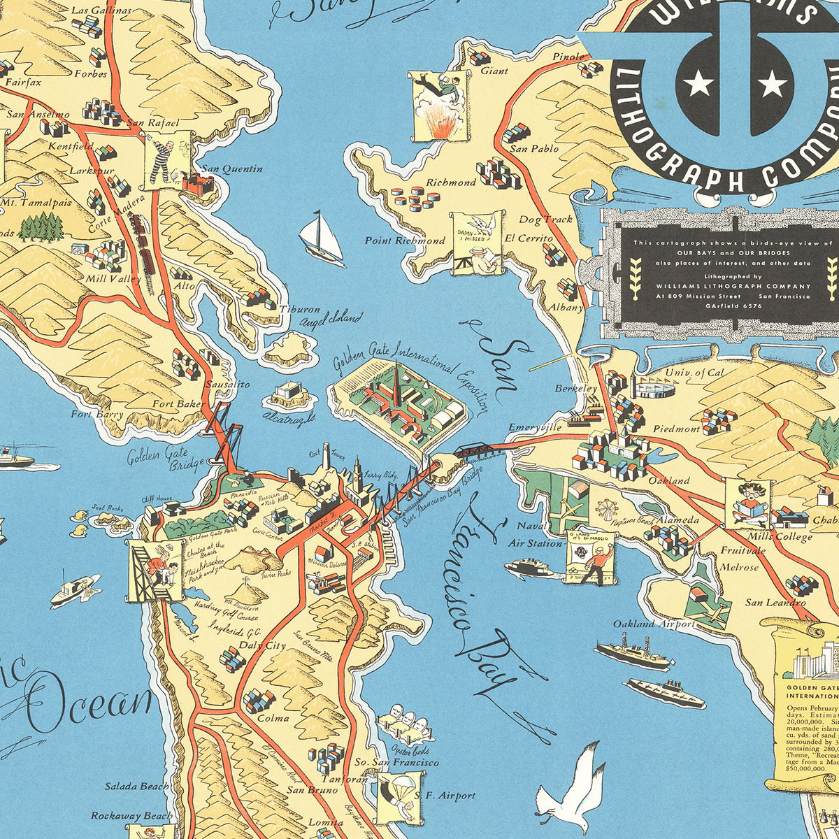Restored historic details from the 1939 coastline map of San Francisco, California