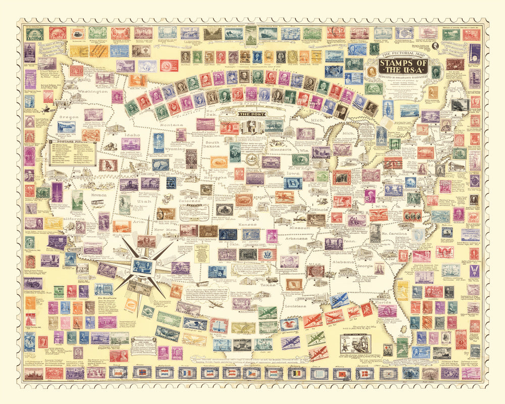 Vintage Map of United States Map of Stamps, 1947 print style example