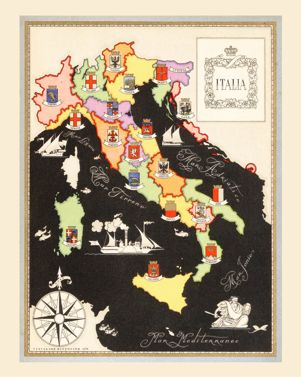 Vintage Map of Italy 1938 print style example