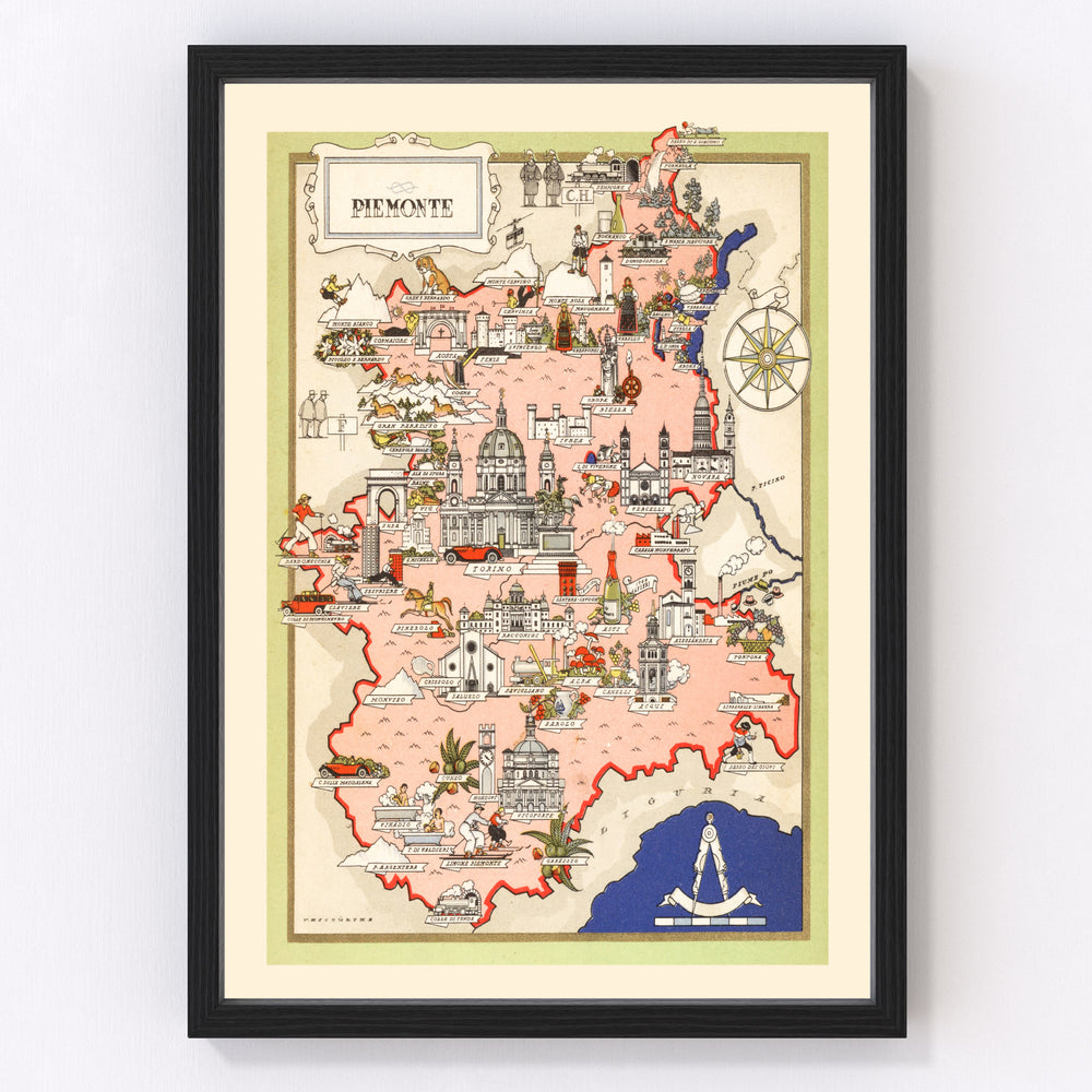 Piemonte Italy Vintage Map 1938