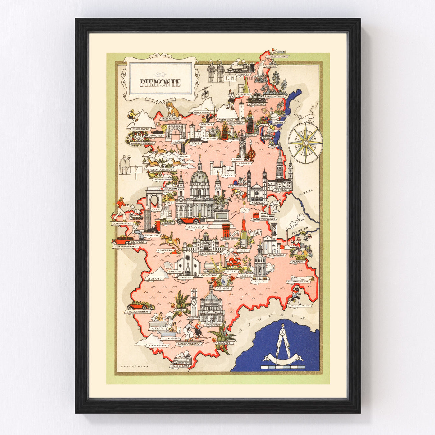 Piemonte Italy Vintage Map 1938