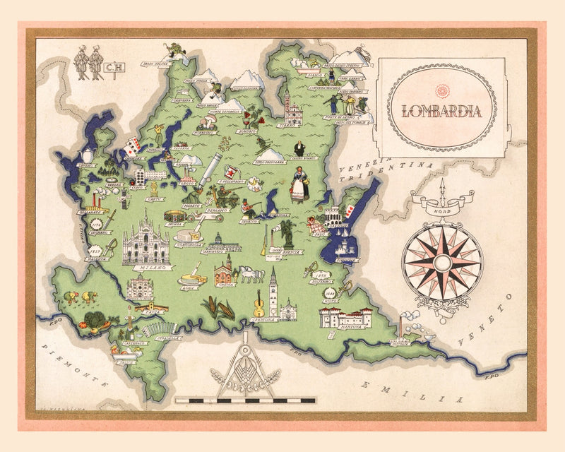 Size comparison using Vintage Map of Lombardy Italy, 1938