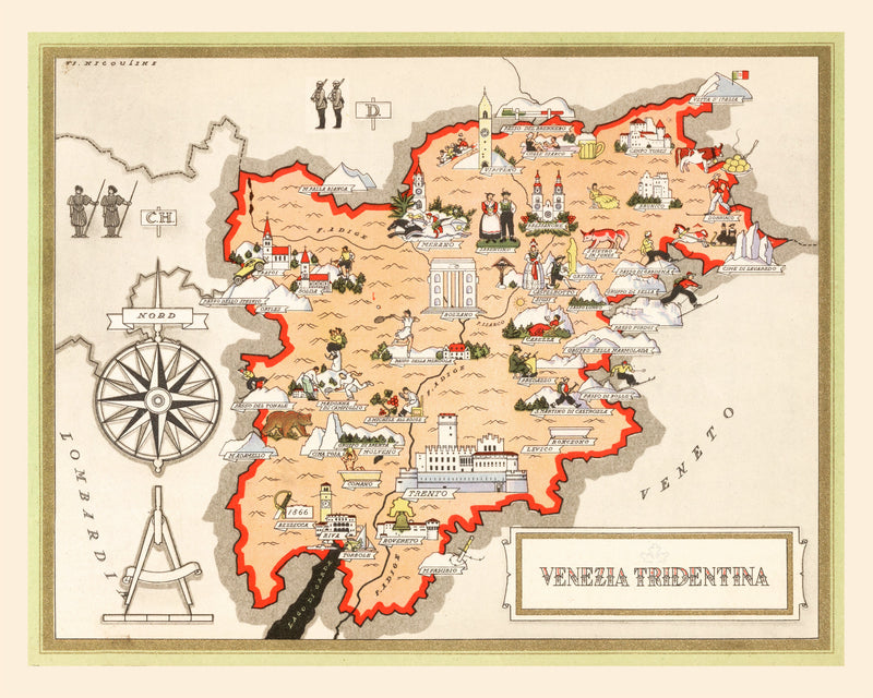 Size comparison using Vintage Map of Trentino-Alto Adige Italy, 1938