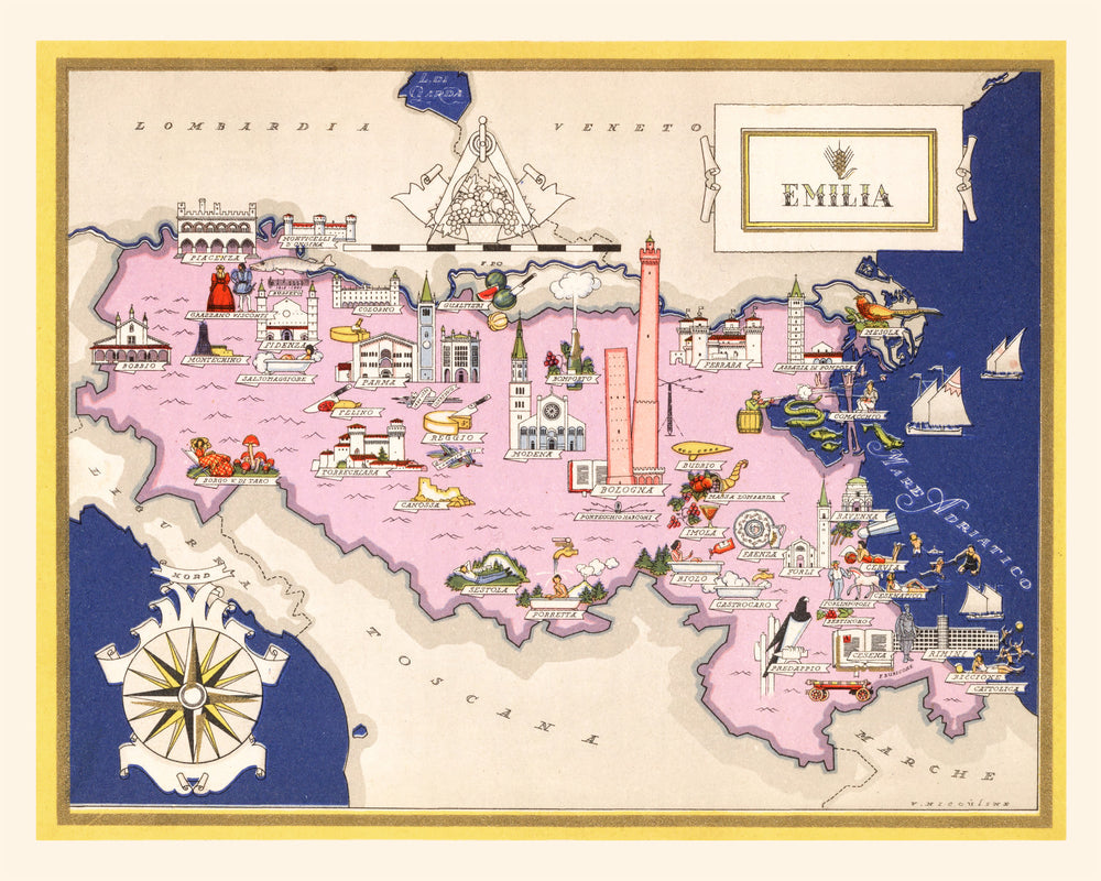Vintage Map of Emilia-Romagna Italy, 1938 print style example