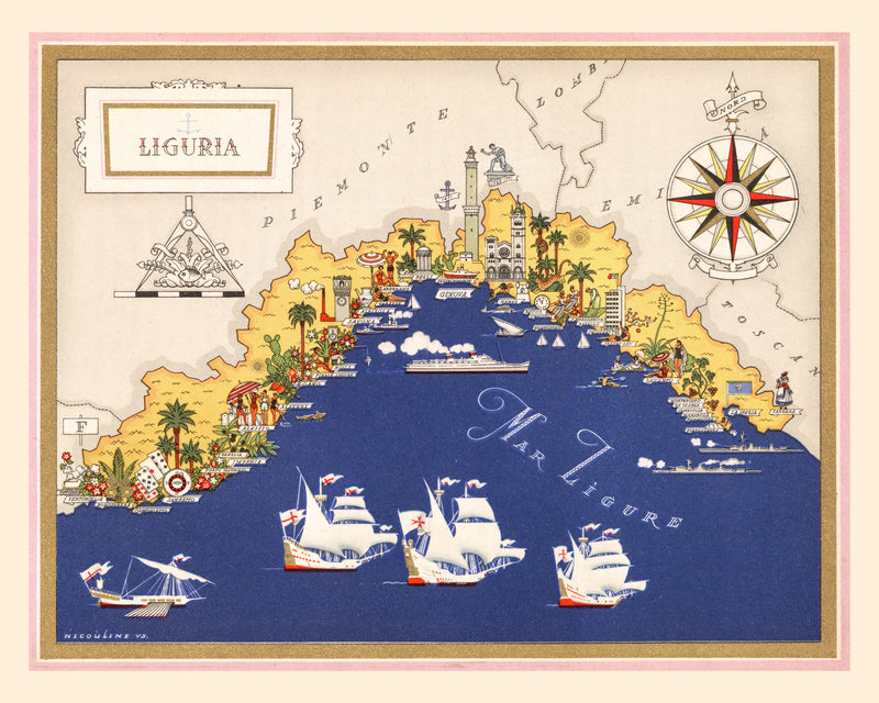 Size comparison using Vintage Map of Liguria Italy, 1938