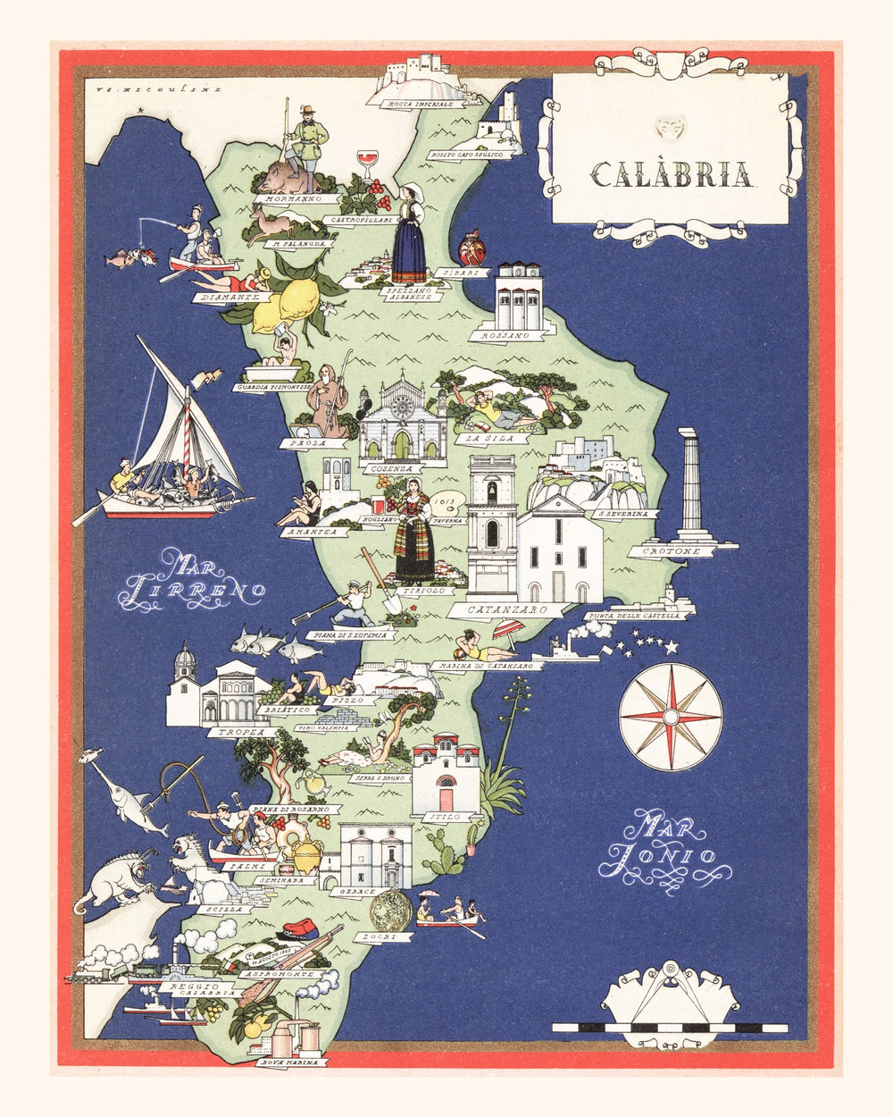 Vintage Map of Calabria Italy, 1938 print style example