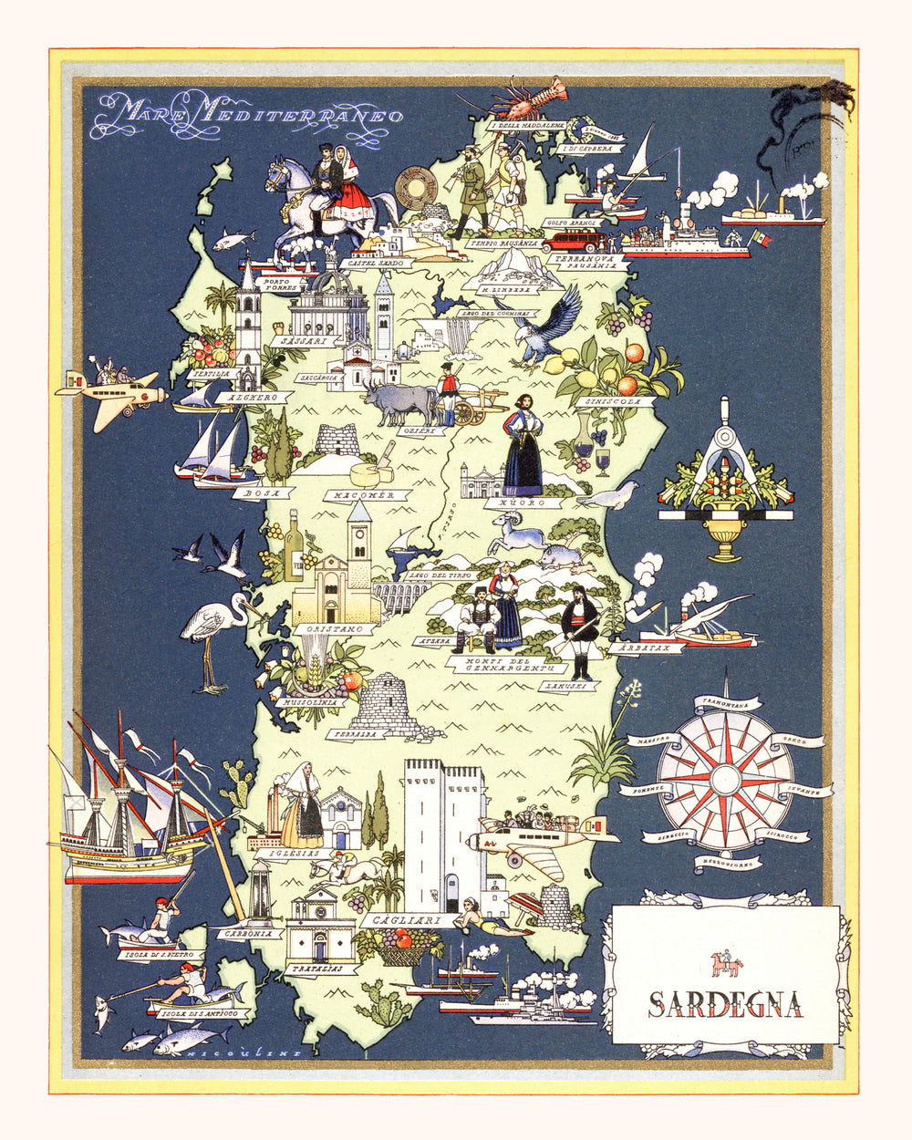 Vintage Map of Sardinia Italy, 1938 print style example