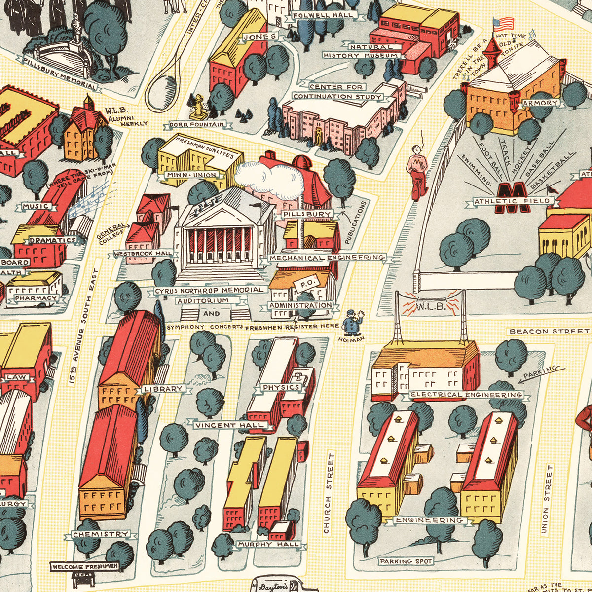 Restored historic details from the 1940 university map of Minneapolis & St. Paul, Minnesota