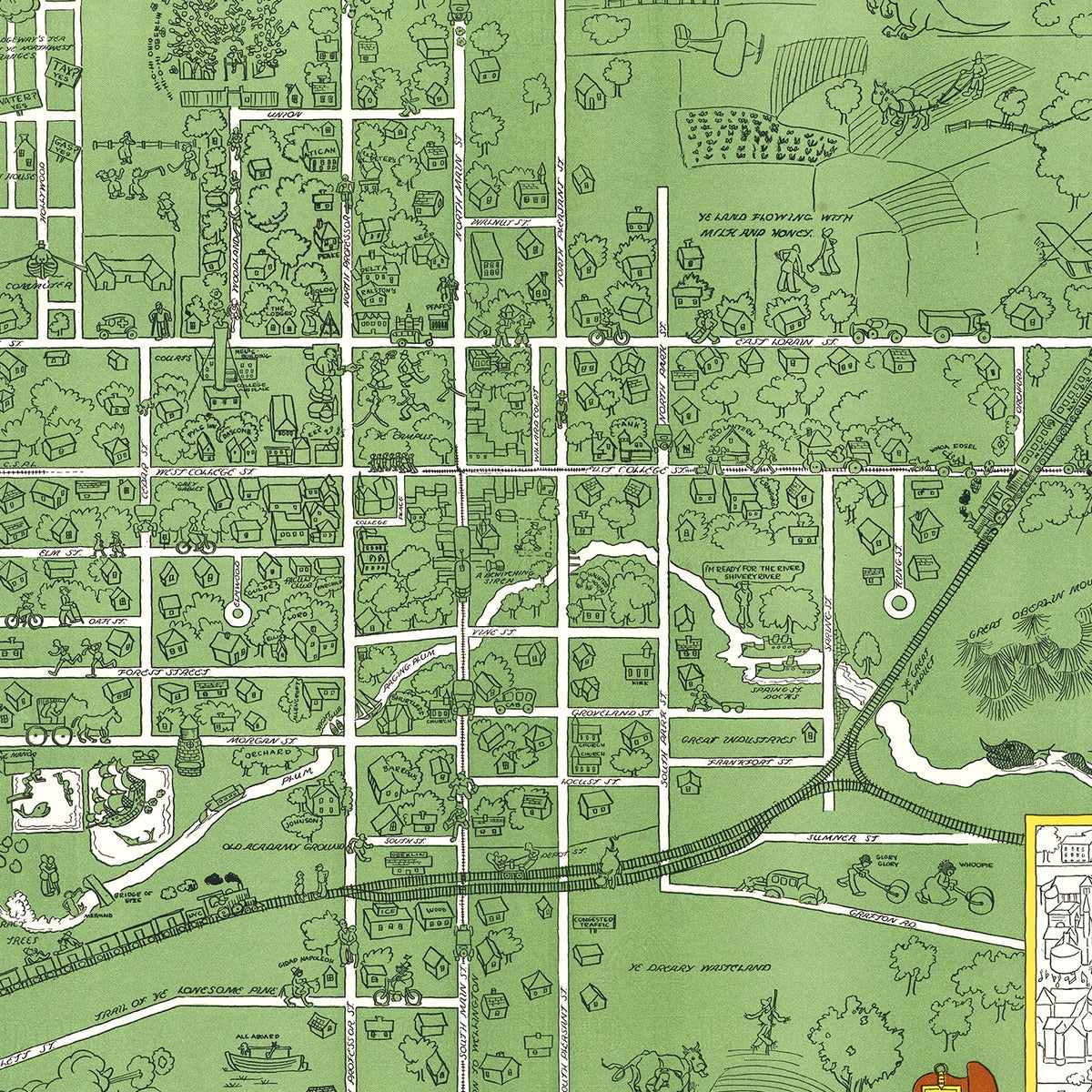 Restored historic details from the 1929 university map of Oberlin, Ohio