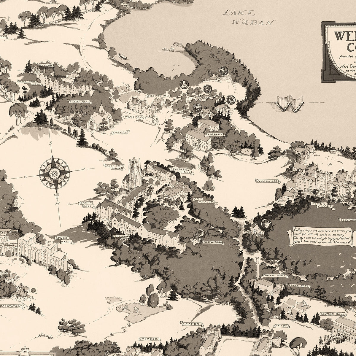 Restored historic details from the 1943 university map of Wellesley, Massachusetts