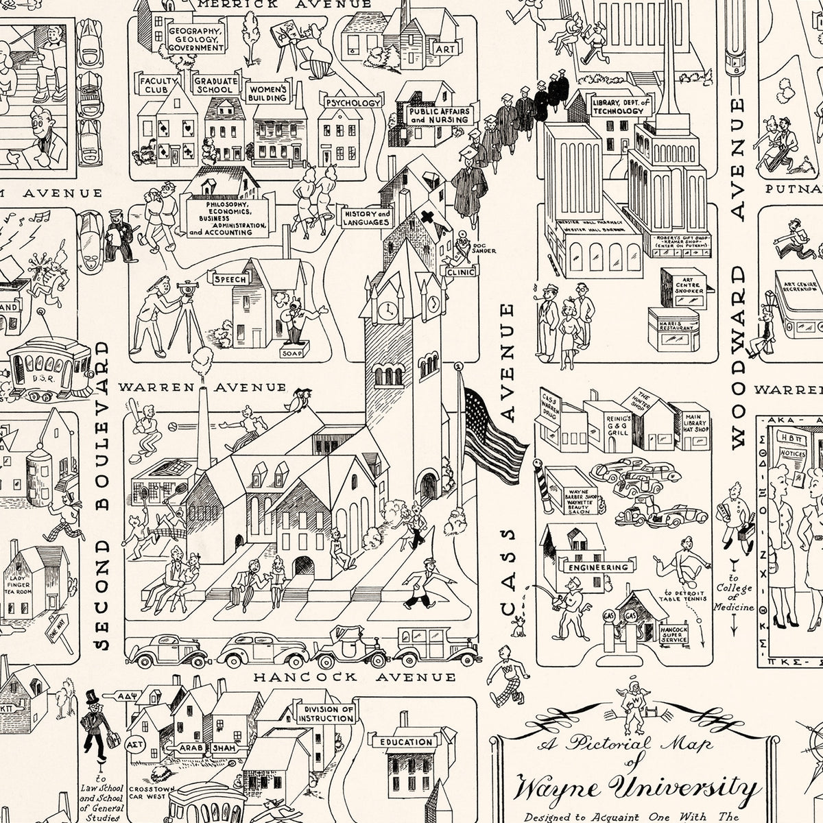 Restored historic details from the 1939 university map of Detroit, Michigan