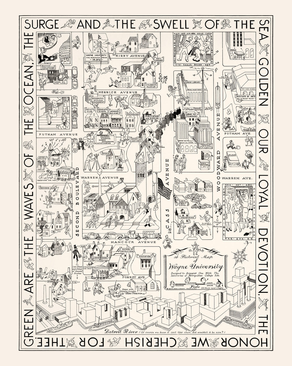 Vintage Map of Wayne University, 1939 print style example