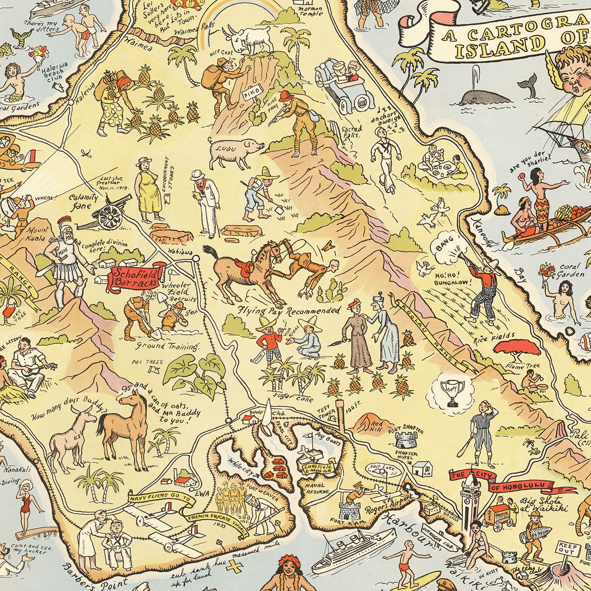 Restored historic details from the 1933 misc. attraction map of Oahu, Hawaii