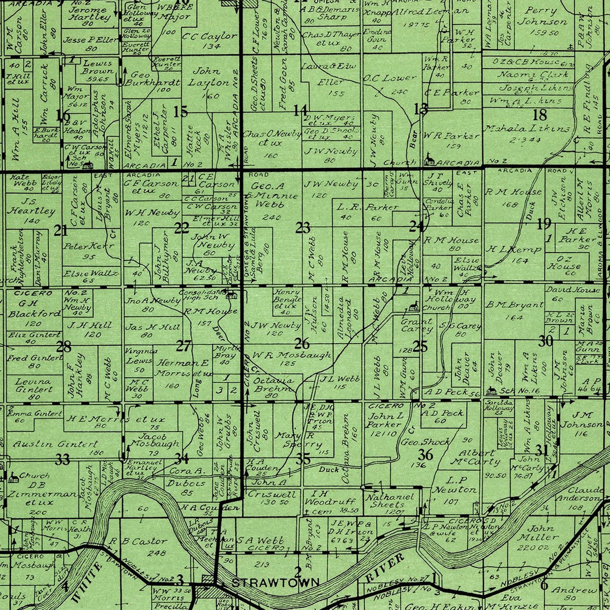 Restored historic details from the 1922 township map of White River, Indiana