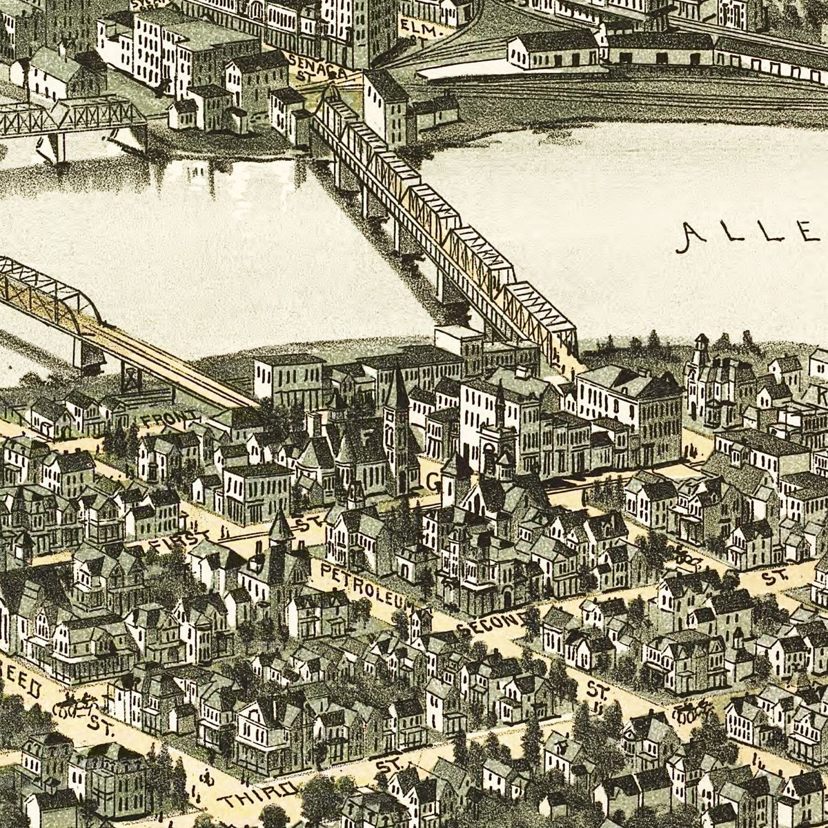 Restored historic details from the 1896 city map of Oil City, Pennsylvania